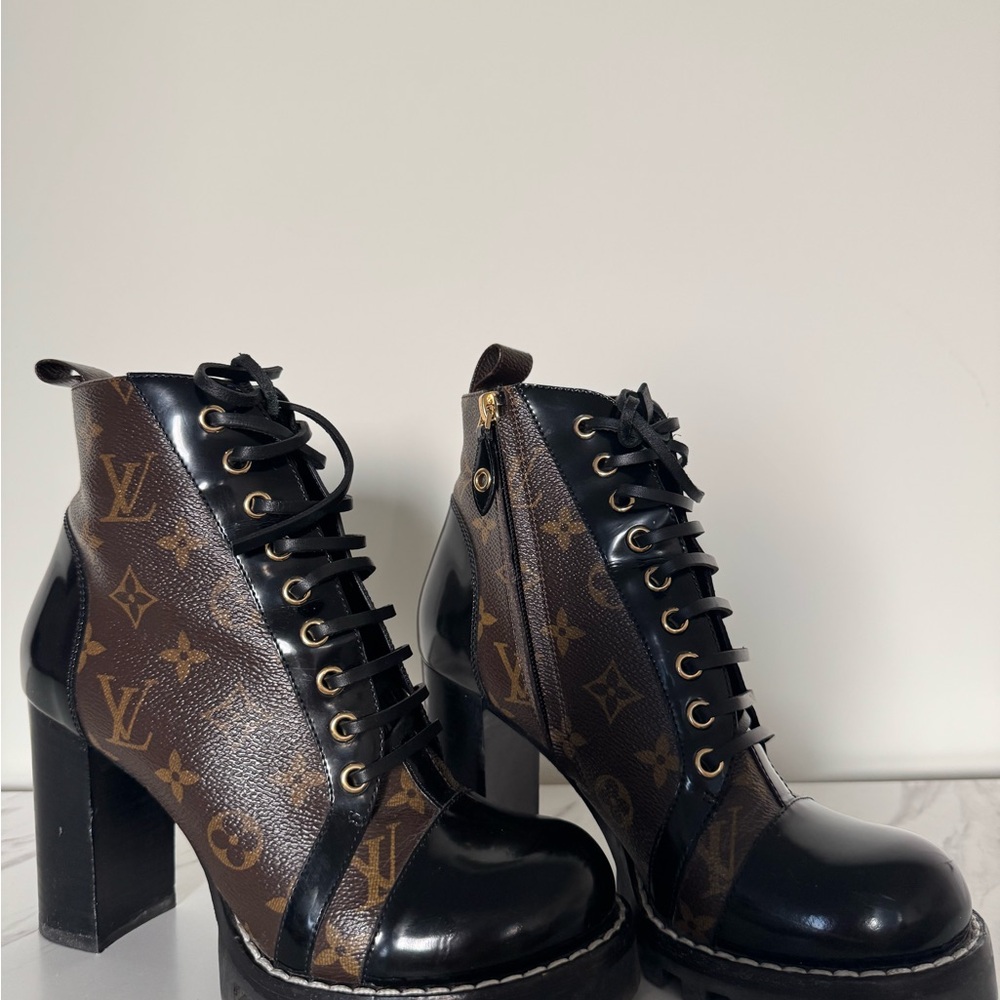 Louis Vuitton Black and Brown Monogram Lace-Up Platform Ankle Boots - Picture 6 of 8